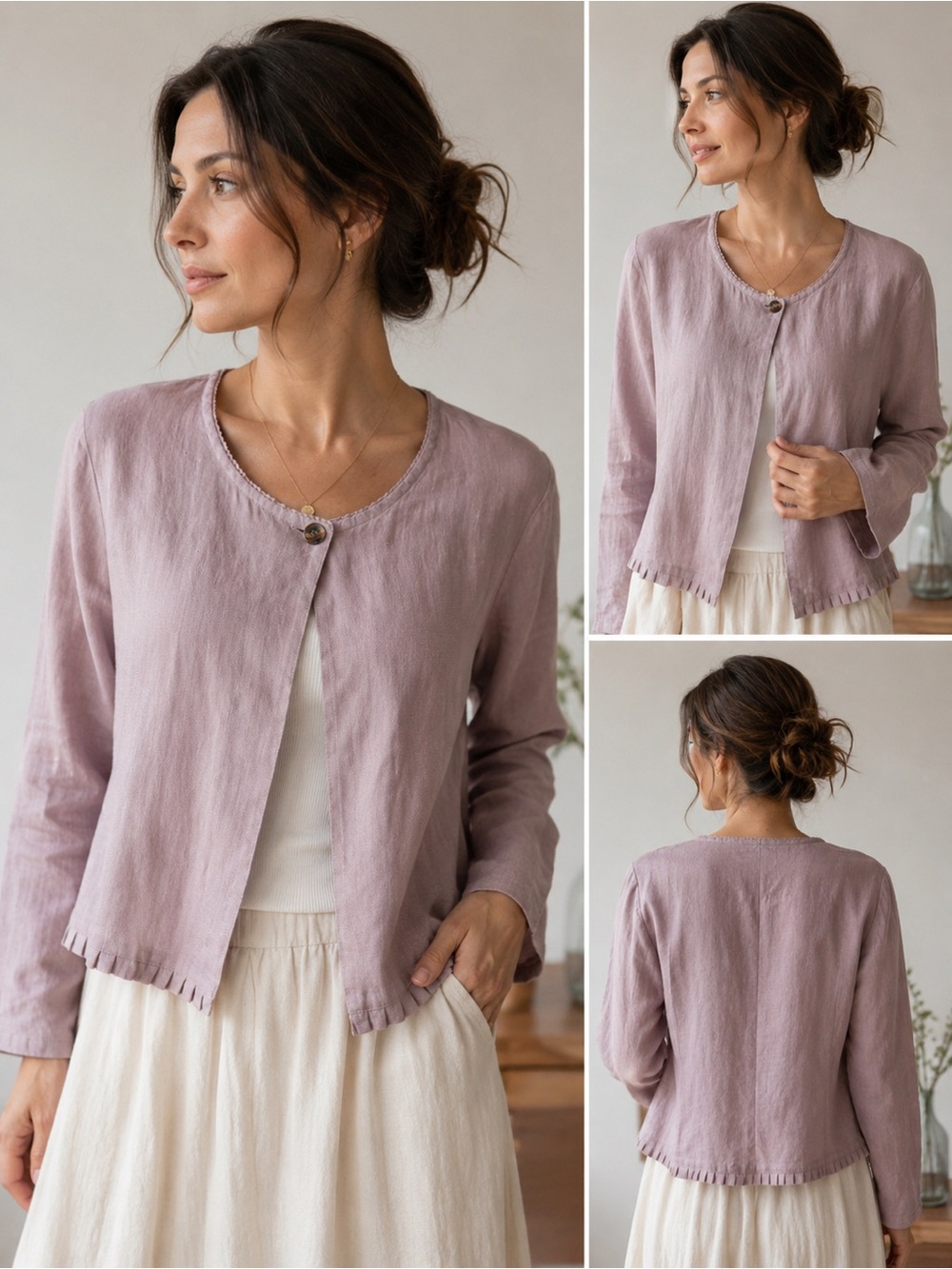 VTG 90’s Linen Jacket Cardigan |Lightweight Mauve Ruffle Cottagecore NWT L 8/10